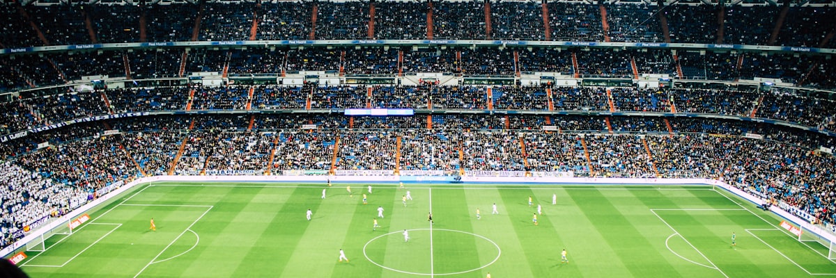 体育场看台上热情的球迷正在欢呼助威